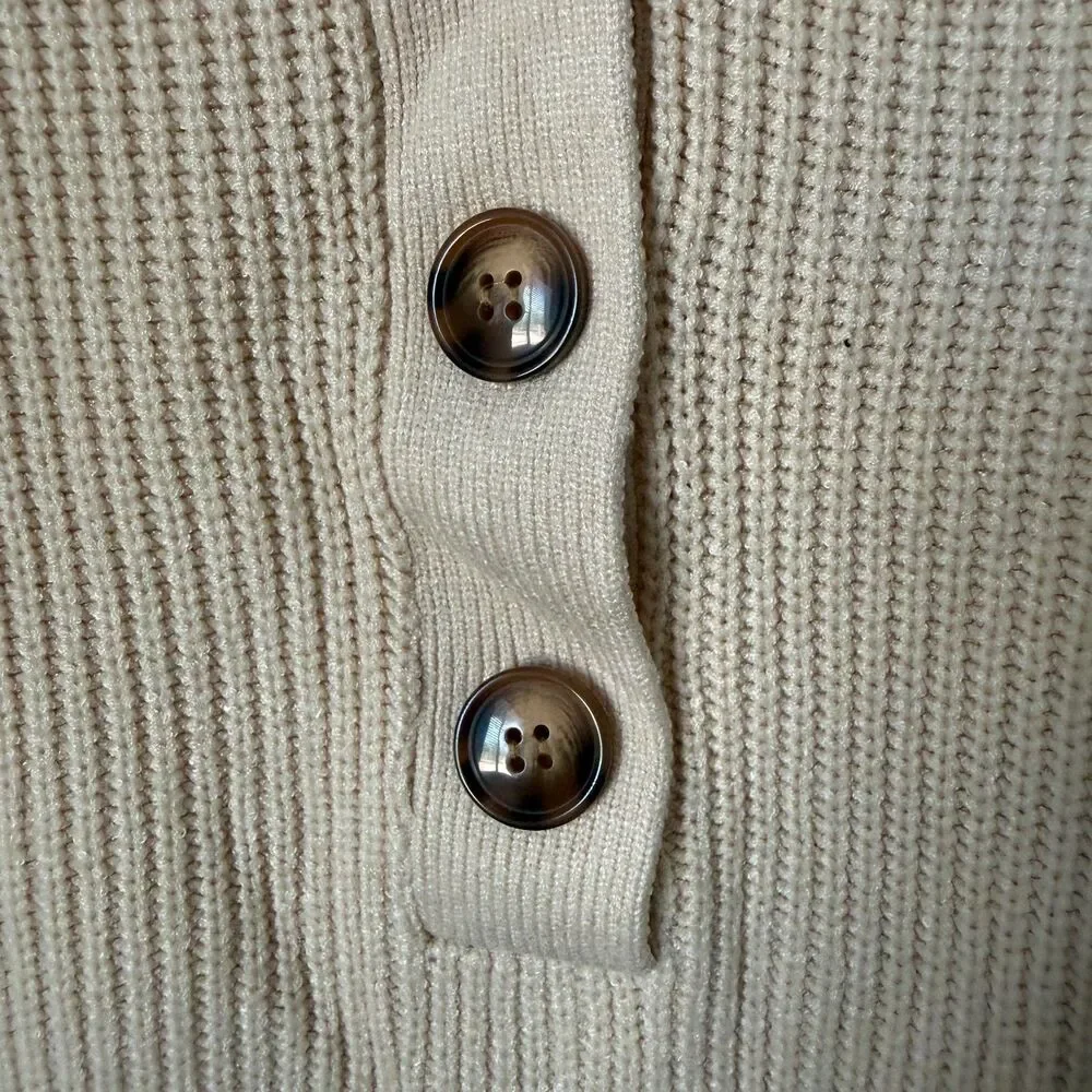 Cream Ribbed Knit Henley Sweater Size S V Neck Button Up Chunky Long Sleeve